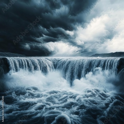 Waterfall in stormy weather, dark clouds and turbulent water, 3D illustration