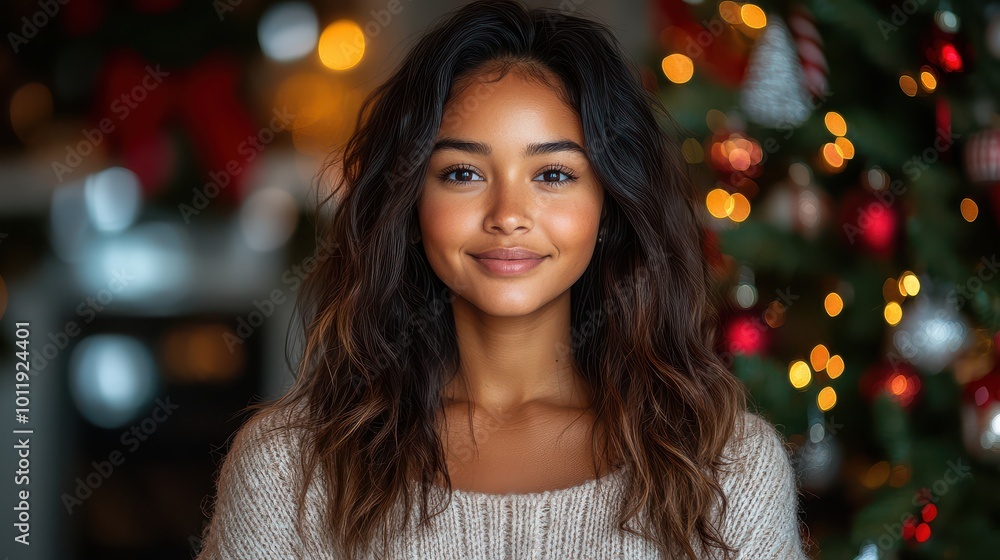 Smiling woman posing indoors with Christmas lights in the background. Smiling woman posing indoors with Christmas lights in the background.