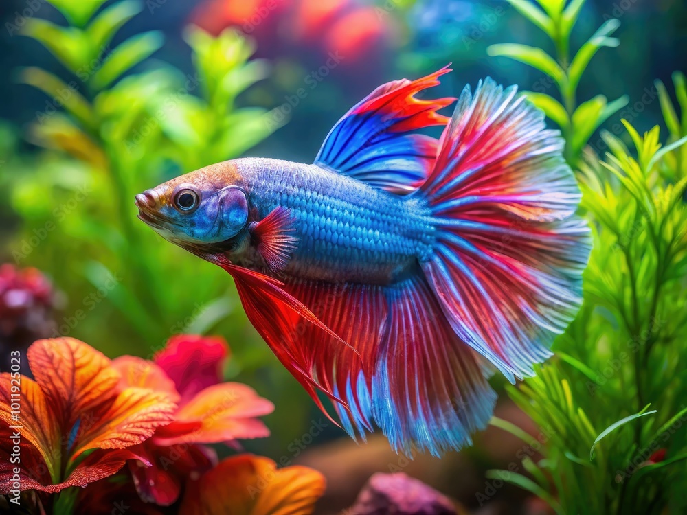 Colorful Betta Fish Swimming Gracefully in a Clear Aquarium Environment with Vibrant Aquatic Plants Colorful Betta Fish Swimming Gracefully in a Clear Aquarium Environment with Vibrant Aquatic Plants
