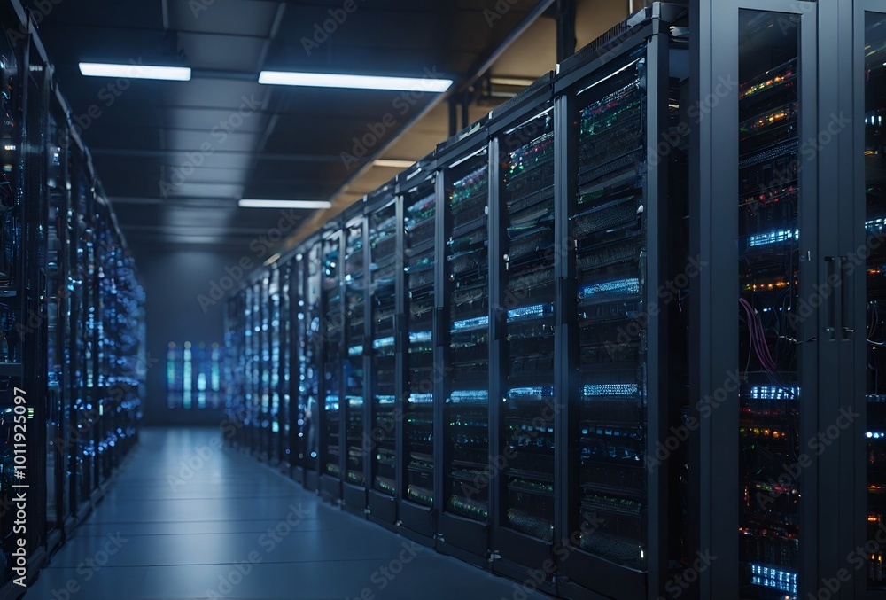 Data Center With Multiple Rows of Fully Operational Server Racks. Modern Telecommunications, Artificial Intelligence, Supercomputer Technology Concept Data Center With Multiple Rows of Fully Operational Server Racks. Modern Telecommunications, Artificial Intelligence, Supercomputer Technology Concept