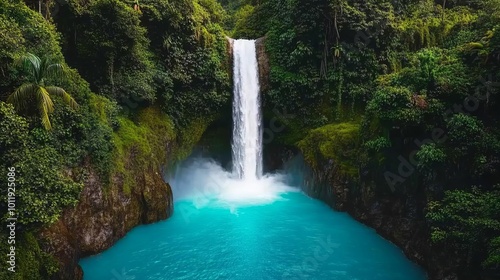 Waterfall pouring into a turquoise pool, lush surroundings, 3D illustration