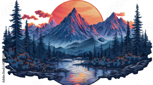 A detailed embroidered patch featuring a mountain design, cut out and isolated on PNG format. Ideal for, bags, or outdoor gear, this patch highlights adventure, nature, and the great outdoors.