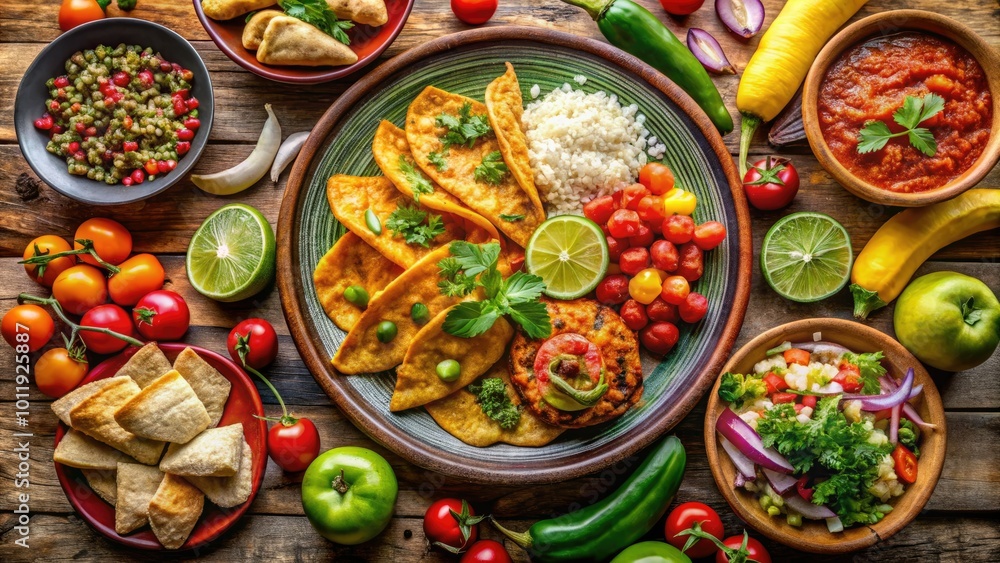 Colorful Retro Mexican Cuisine Platter Featuring Traditional Dishes, Textures, and Vibrant Ingredients Colorful Retro Mexican Cuisine Platter Featuring Traditional Dishes, Textures, and Vibrant Ingredients