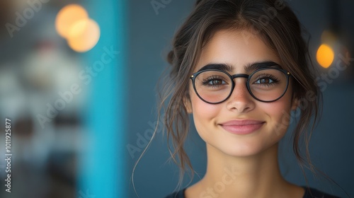 Young woman with glasses smiling at a coffee shop