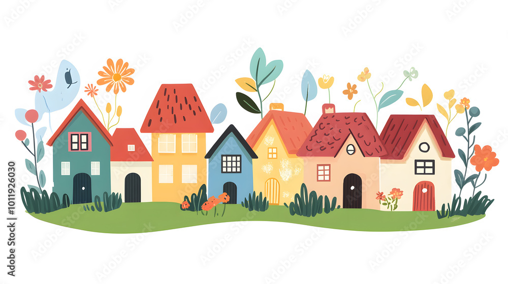 A vibrant illustration depicting a quaint village with charming houses and lush greenery, evoking a sense of community and peaceful rural living A vibrant illustration depicting a quaint village with charming houses and lush greenery, evoking a sense of community and peaceful rural living