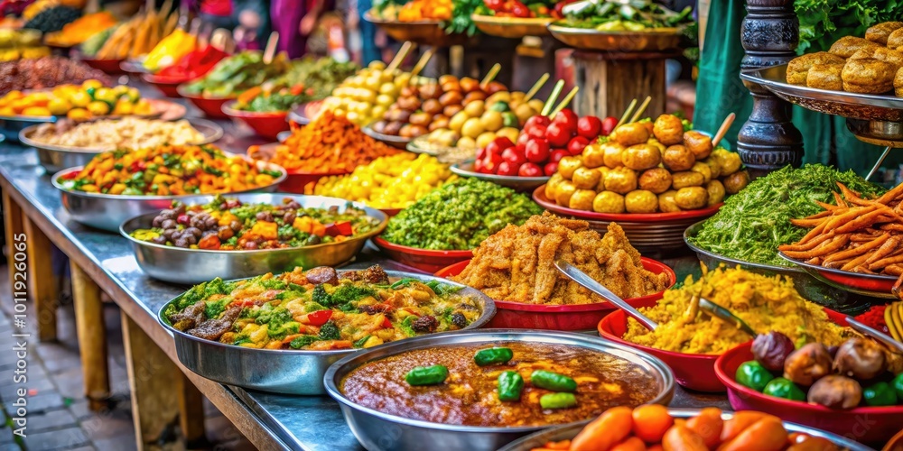 Colorful Street Food Stall with Delicious Dishes and Fresh Ingredients on Display in a Market Setting Colorful Street Food Stall with Delicious Dishes and Fresh Ingredients on Display in a Market Setting