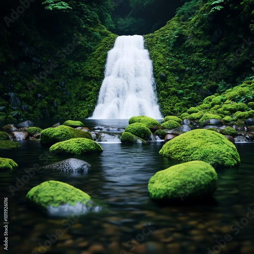 Waterfall surrounded by mossy rocks, peaceful forest atmosphere, 3D illustration