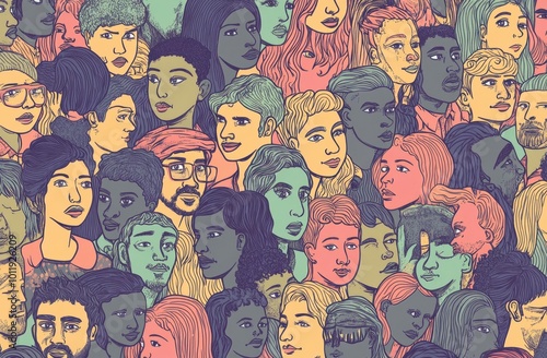 A crowd of people from diverse backgrounds and ages, each with their own unique facial features and expressions The background is a flat color to highlight the diversity in skin tones Generative AI