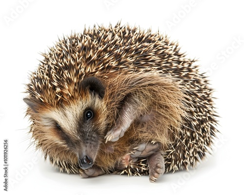 Chubby Hedgehog Curled into a Ball on White Background photo