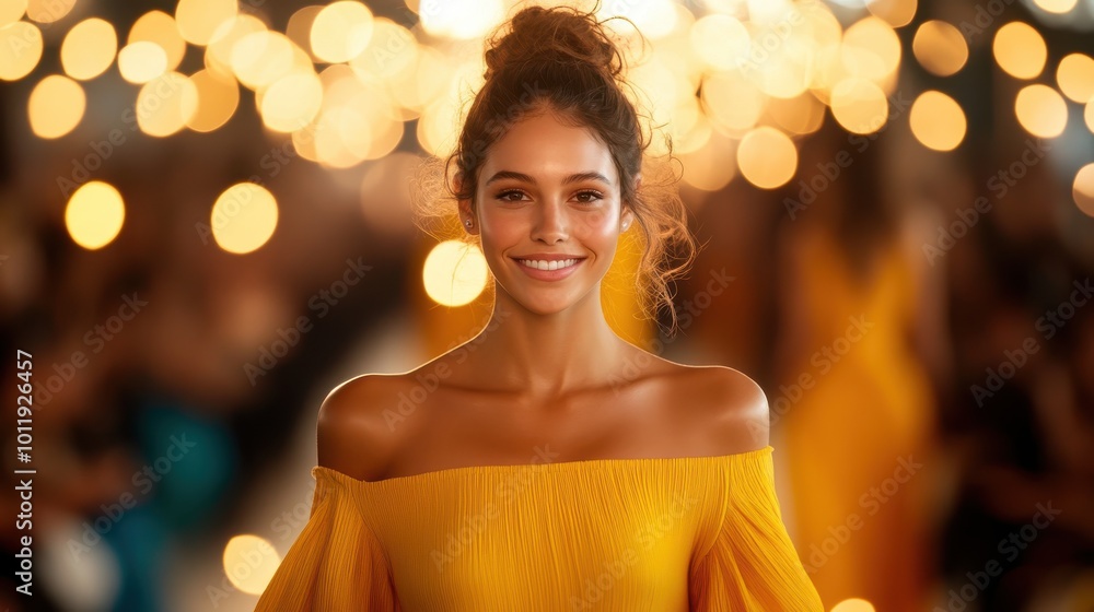 A smiling model in a glamorous yellow off-shoulder dress stands in a warmly lit setting, embodying elegance and confidence amidst softly blurred lights in the background. A smiling model in a glamorous yellow off-shoulder dress stands in a warmly lit setting, embodying elegance and confidence amidst softly blurred lights in the background.