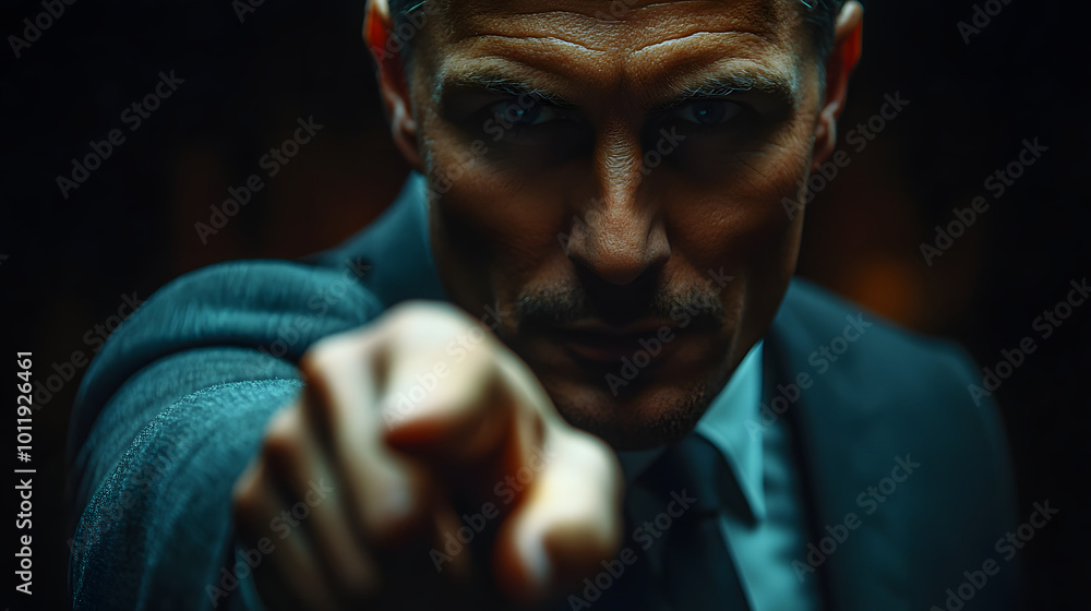 Close-up of a businessman pointing his finger at you with a serious expression.
Close-up of a businessman pointing his finger at you with a serious expression.