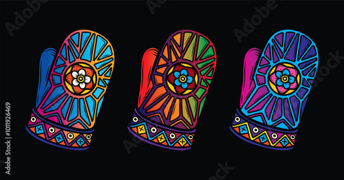 Winter mitten with a pattern and a flower. Original vector illustration in vintage style. T-shirt design.