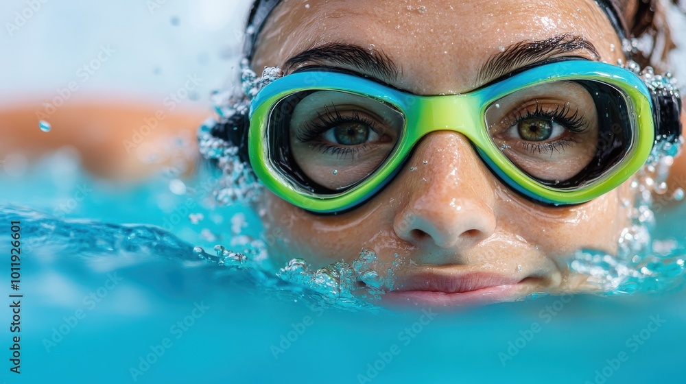 Naklejka premium A female swimmer with colorful goggles is partly submerged, capturing the energy and focus of swimming, highlighted by water droplets and a playful blue-tinted atmosphere.