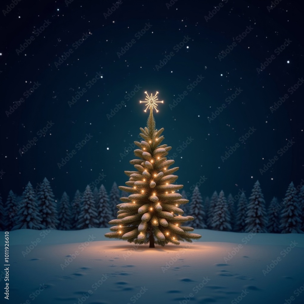 The Christmas tree stands on fire on a frosty night under the starry sky - Image The Christmas tree stands on fire on a frosty night under the starry sky - Image
