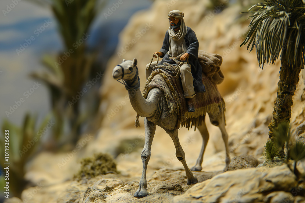 miniature diorama of a bedouin riding a camel through the desert landscape. Generative AI