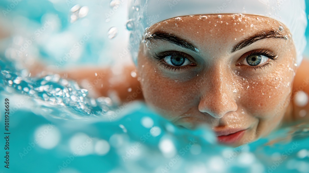 A swimmer with a swim cap and intense focus, gliding smoothly in the pool. The clean blue water emphasizes the swimmer's dedication and concentration. A swimmer with a swim cap and intense focus, gliding smoothly in the pool. The clean blue water emphasizes the swimmer's dedication and concentration.