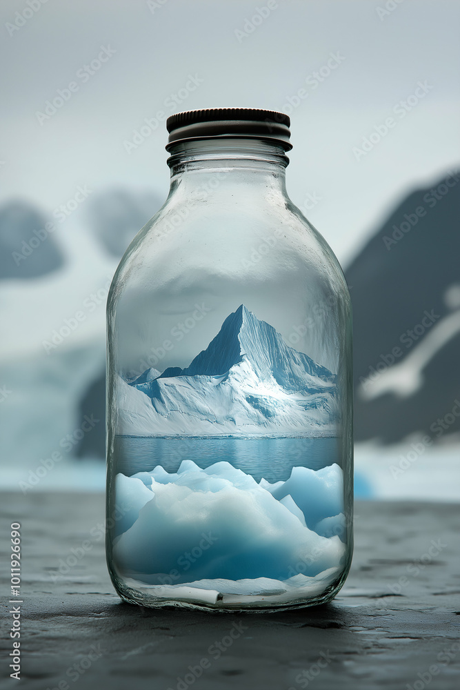 a surreal glacier encased in a bottle with a stunning Antarctic landscape as the backdrop. Generative AI