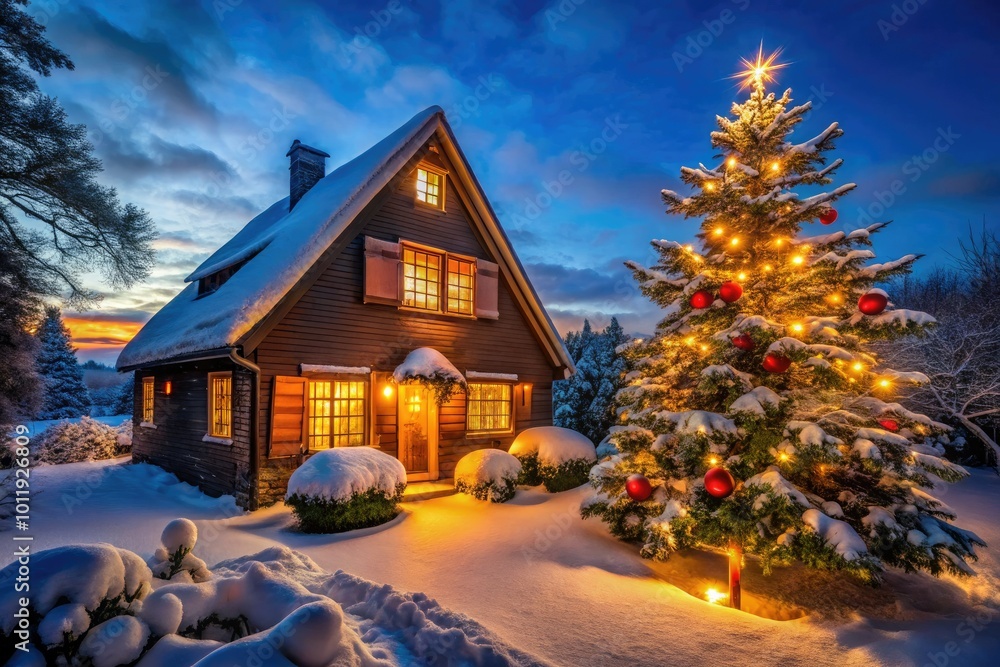 Cozy House Under Snowy Christmas Night Sky with Warm Lights and Decorated Tree in the Window Cozy House Under Snowy Christmas Night Sky with Warm Lights and Decorated Tree in the Window