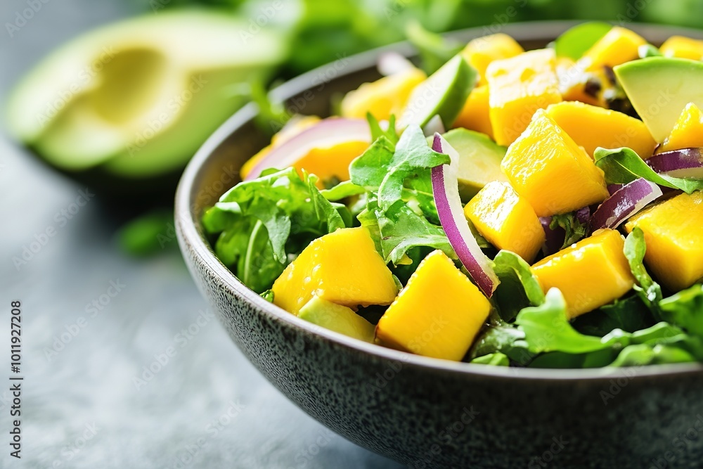 Fresh mango avocado salad with lush greens in bowl Fresh mango avocado salad with lush greens in bowl