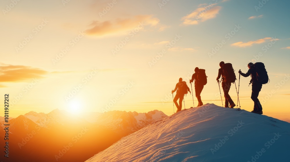 A determined group of adventurers is scaling a snow-covered mountain peak during sunrise, highlighting themes of perseverance and teamwork in overcoming challenges together. A determined group of adventurers is scaling a snow-covered mountain peak during sunrise, highlighting themes of perseverance and teamwork in overcoming challenges together.