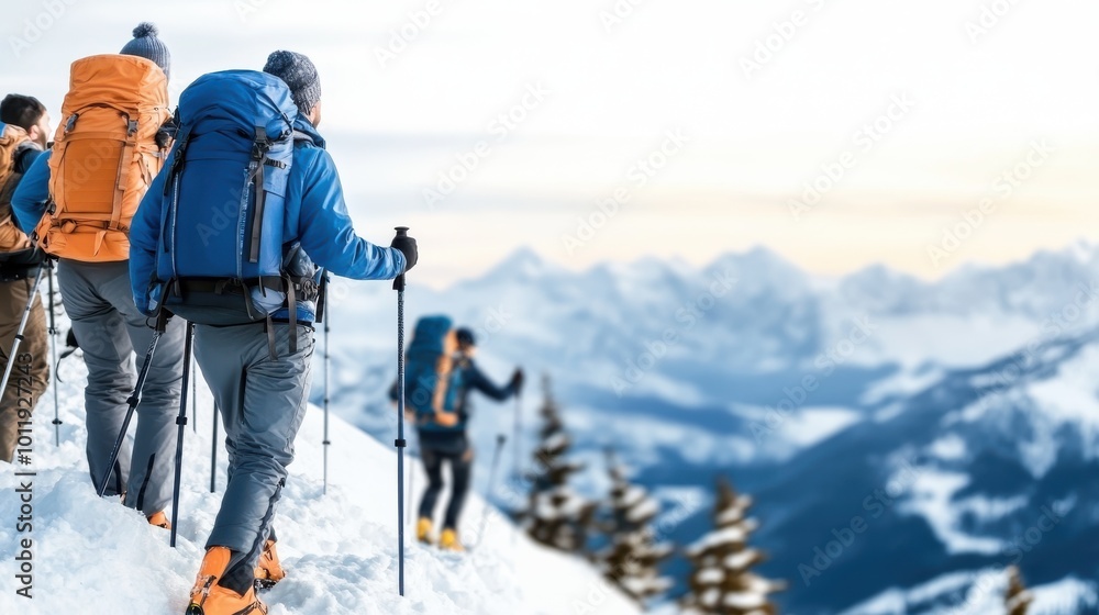 A group of hikers equipped with backpacks and hiking poles navigate a snowy mountainside, showcasing strength, unity, and the serenity of the expansive landscape view. A group of hikers equipped with backpacks and hiking poles navigate a snowy mountainside, showcasing strength, unity, and the serenity of the expansive landscape view.