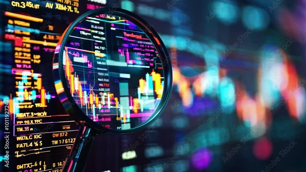 A person examines fluctuating stock market data with a magnifying glass, highlighting detailed candlestick charts and vibrant market indicators A person examines fluctuating stock market data with a magnifying glass, highlighting detailed candlestick charts and vibrant market indicators