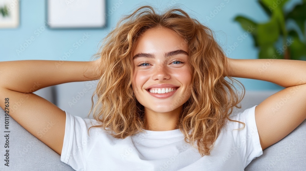 A happy young woman smiles with her arms behind her head in a vibrant room, portraying relaxation and contentment with a modern, stylish appeal. A happy young woman smiles with her arms behind her head in a vibrant room, portraying relaxation and contentment with a modern, stylish appeal.