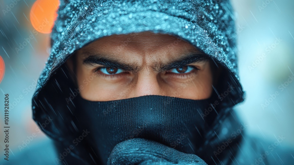 The image depicts a hooded figure showing intense eyes, partially masked under the rain, representing mystery and determination in challenging conditions. The image depicts a hooded figure showing intense eyes, partially masked under the rain, representing mystery and determination in challenging conditions.