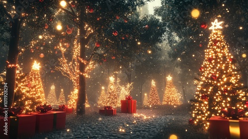 Christmas Forest with Illuminated Trees - AI Generated