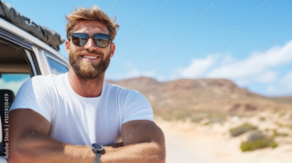 A joyful man leaning out of a car window on a sunny day with a big smile, sunglasses and casual attire, capturing a sense of adventure and freedom in a desert landscape. A joyful man leaning out of a car window on a sunny day with a big smile, sunglasses and casual attire, capturing a sense of adventure and freedom in a desert landscape.