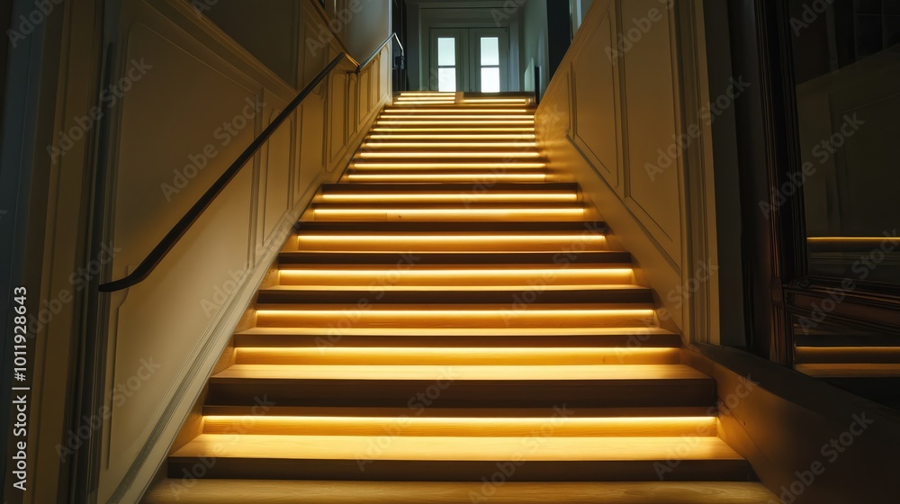 Fototapeta premium Illuminated Staircase in Large House - AI Generated