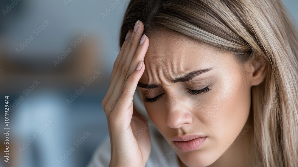 A young woman with long hair concentrates deeply, resting her fingers on her temples, portraying a moment of focus or mild distress while pondering. A young woman with long hair concentrates deeply, resting her fingers on her temples, portraying a moment of focus or mild distress while pondering.