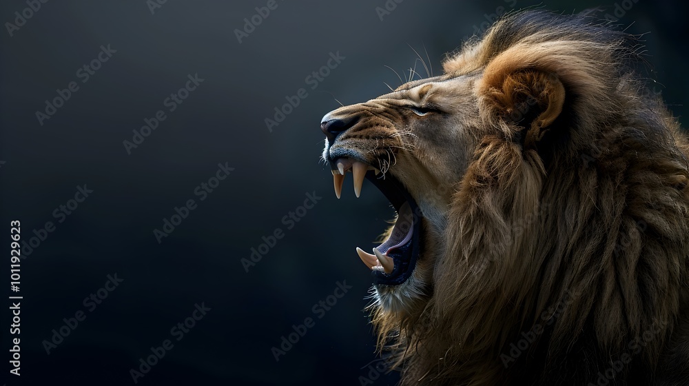 Fototapeta premium Fierce and Powerful Lion Roaring With Wide Open Mouth and Flowing Mane
