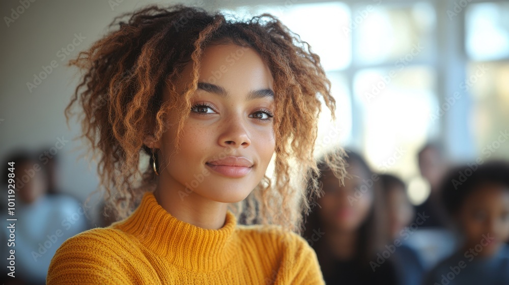 A young woman with curly hair wearing a bright orange sweater focuses attentively during a class. the background is softly blurred, other students and the classroom setting. suitable for educational A young woman with curly hair wearing a bright orange sweater focuses attentively during a class. the background is softly blurred, other students and the classroom setting. suitable for educational