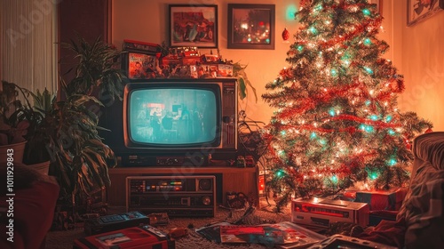 A cozy 90s Christmas living room with a retro TV, VHS tapes, and a decorated tree with tinsel and bright lights, capturing the nostalgic holiday vibe of the era.