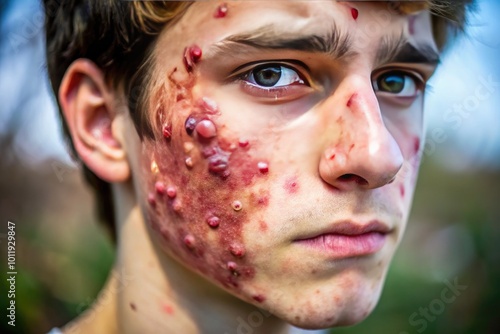 Close-up images of impetigo lesions on skin showing symptoms of bacterial infection and irritation