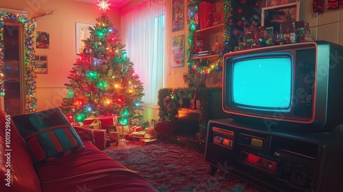A cozy 90s Christmas living room with a retro TV, VHS tapes, and a decorated tree with tinsel and bright lights, capturing the nostalgic holiday vibe of the era.
