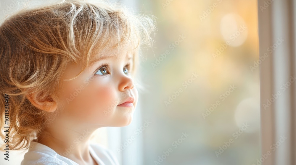 A charming baby with delicate features gazes thoughtfully out a window, bathed in gentle natural light, capturing innocence and curiosity about the world. A charming baby with delicate features gazes thoughtfully out a window, bathed in gentle natural light, capturing innocence and curiosity about the world.