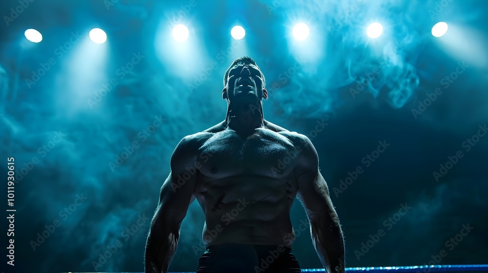 Wrestler in Dramatic Pose Under Bright Lights Fierce Face Concept Wrestler in Dramatic Pose Under Bright Lights Fierce Face Concept