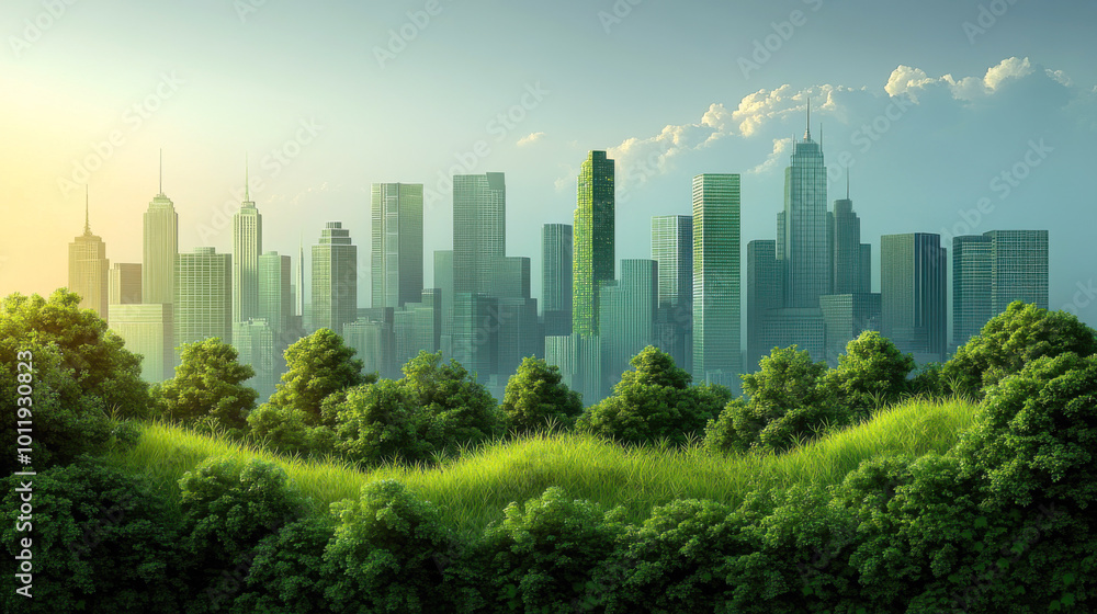 Obraz premium A captivating cityscape featuring towering skyscrapers bathed in the golden light of sunset. the foreground highlights vibrant green foliage, contrasting with the urban environment, symbolizing the