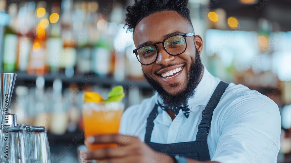 This image shows a joyful bartender in glasses with an orange cocktail, sharing positivity and a welcoming atmosphere in a modern bar environment. This image shows a joyful bartender in glasses with an orange cocktail, sharing positivity and a welcoming atmosphere in a modern bar environment.