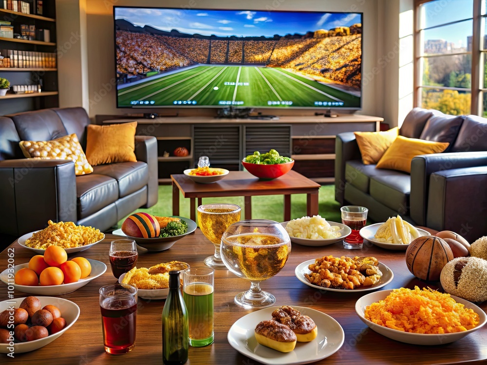 Enjoy a lively Thanksgiving Day with friends, featuring football on a big screen, delicious snacks, refreshing drinks, and an atmosphere filled with festive cheer. Enjoy a lively Thanksgiving Day with friends, featuring football on a big screen, delicious snacks, refreshing drinks, and an atmosphere filled with festive cheer.