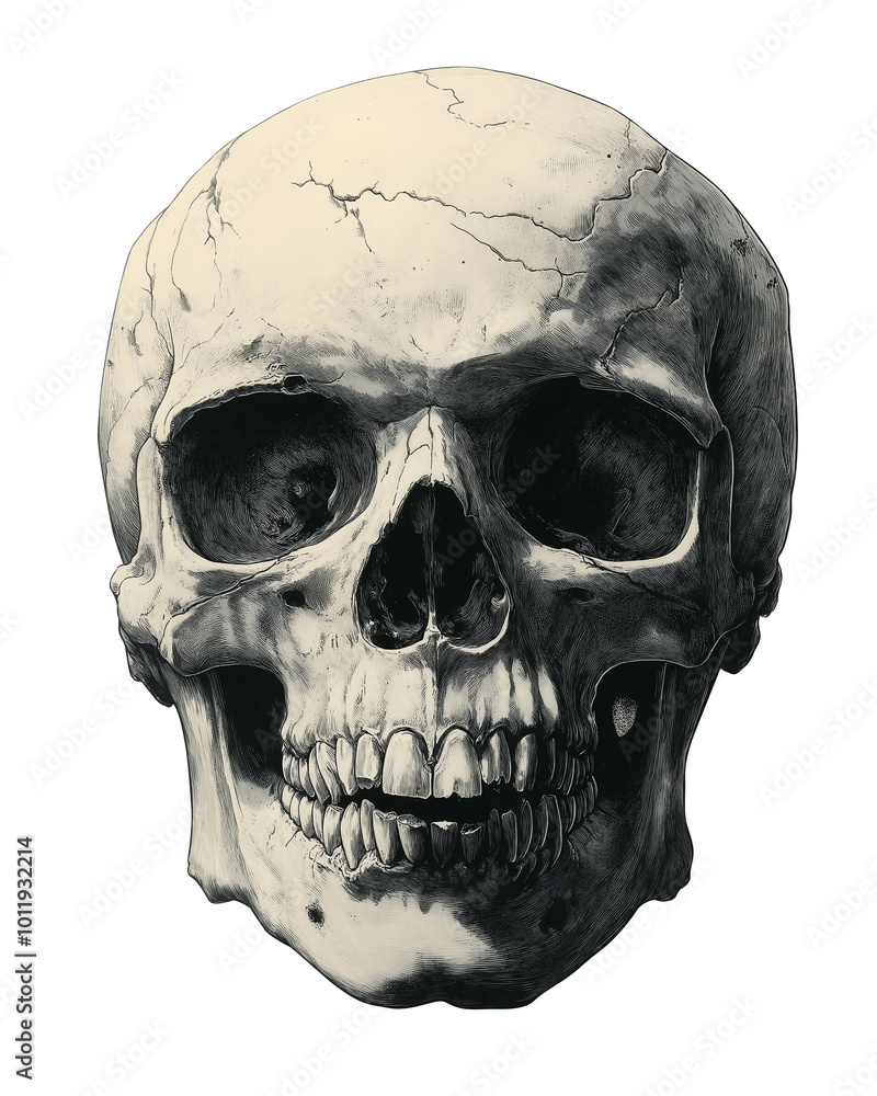 Obraz premium Vintage engraved skull card design png, transparent background. A skull is drawn sketch print. Illustration for cover, card, postcard, interior design, banner, poster, brochure or presentation.