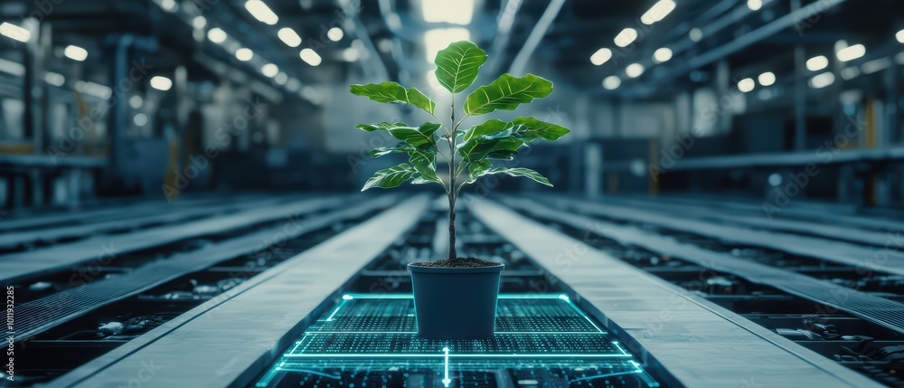 A vibrant green plant in a pot, centered in a modern industrial environment, showcasing growth and technology. A vibrant green plant in a pot, centered in a modern industrial environment, showcasing growth and technology.