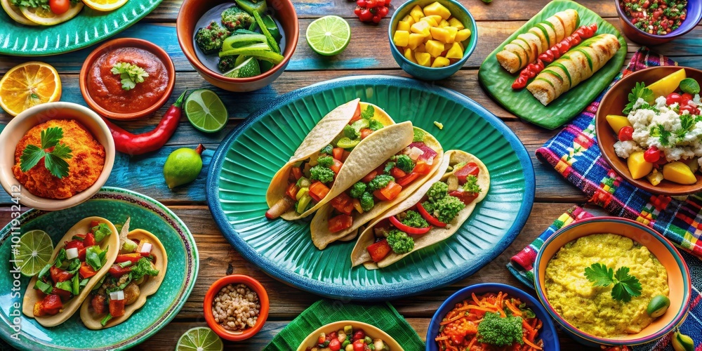 Experience vibrant Mexican cuisine featuring tacos, enchiladas, and fresh ingredients beautifully served on colorful plates that bring life to your dining table.