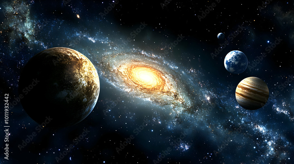A Cosmic Dance: Planets Orbiting a Sparkling Galaxy in the Vast Expanse of Space A Cosmic Dance: Planets Orbiting a Sparkling Galaxy in the Vast Expanse of Space