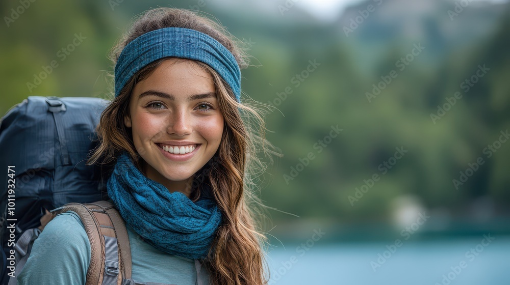 Portrait of a young woman with a blue headband smiling outdoors by a lake during a hike Portrait of a young woman with a blue headband smiling outdoors by a lake during a hike