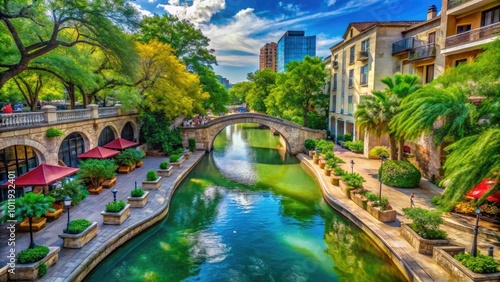 Experience the tranquil San Antonio Riverwalk, where lush greenery intertwines with beautiful bridges, offering serene waterscape views perfect for a peaceful stroll or leisurely outing.