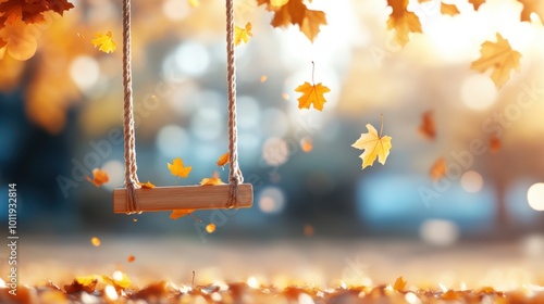 An empty swing sways gently amidst falling golden leaves, capturing the essence of autumn with its beauty. The atmosphere is serene and nostalgic.