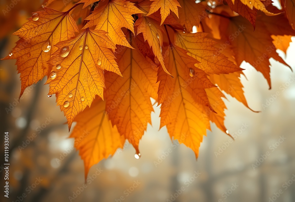 A close-up view of a cluster of golden and orange autumn leaves with large raindrops clinging to their edges. A close-up view of a cluster of golden and orange autumn leaves with large raindrops clinging to their edges.